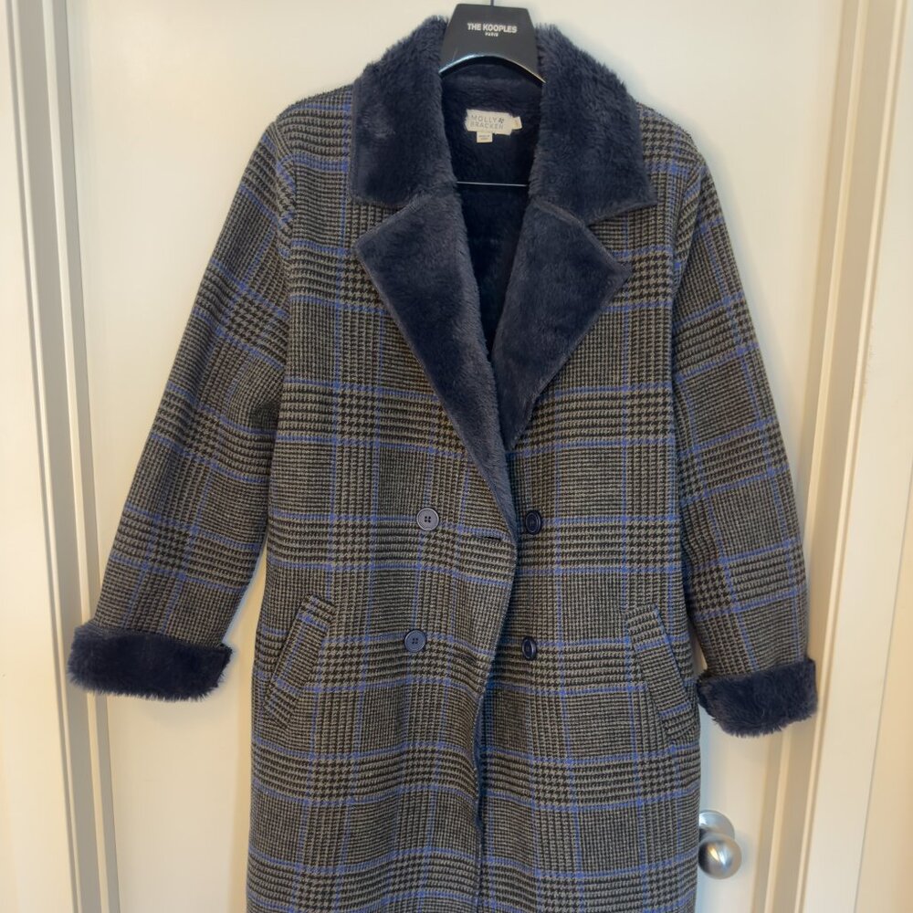 Molly Braken Blue Faux Fur & Plaid Coat – Size S